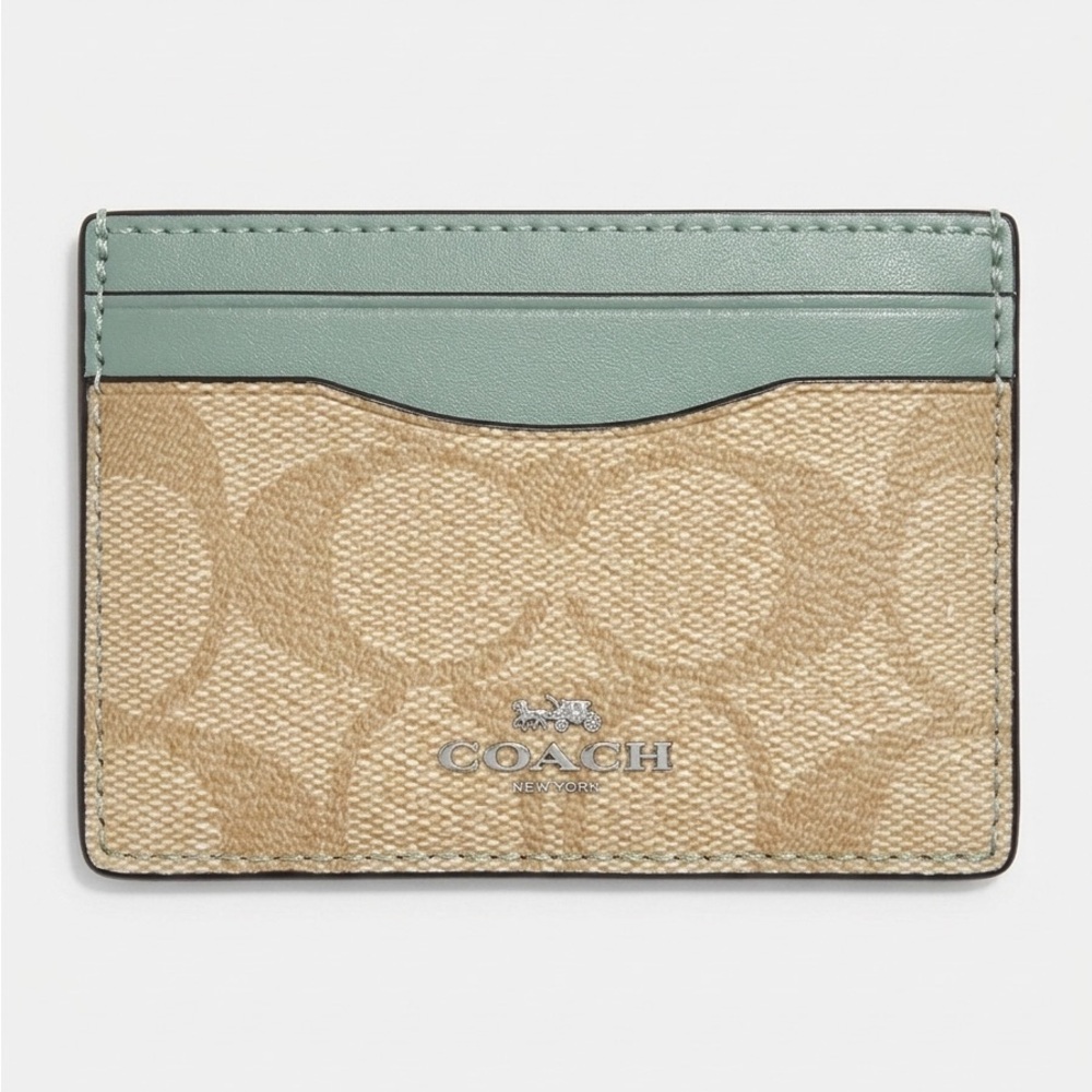 Coach Signature Slim Card Case in Tan and Sea Green